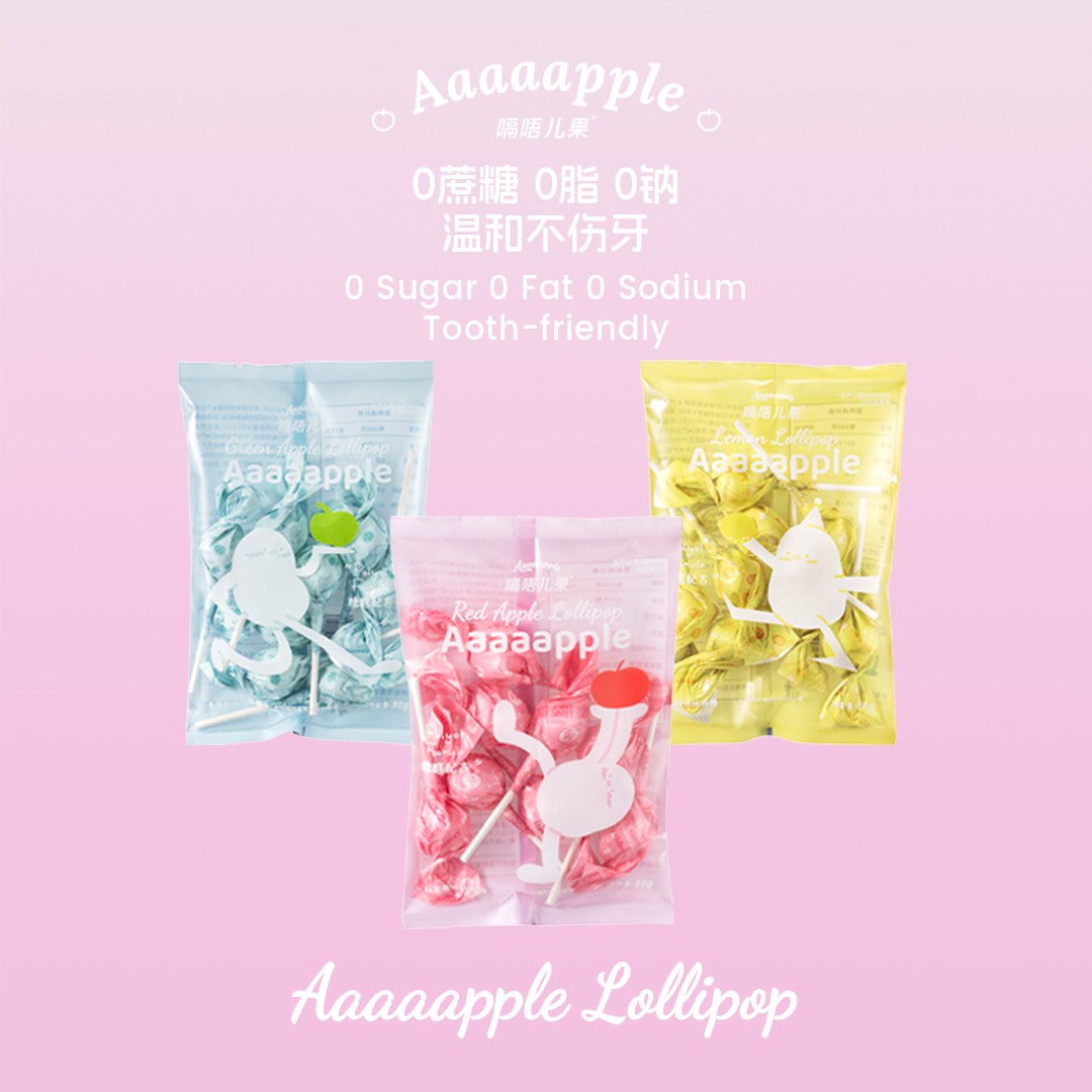 Aaaaapple不伤牙0蔗糖三口味棒棒糖零食康水果味糖果80g/袋