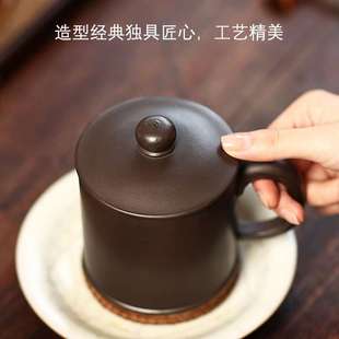 男女茶具家用大容量石黄泥紫砂杯手工带盖主人杯圆珠盖杯