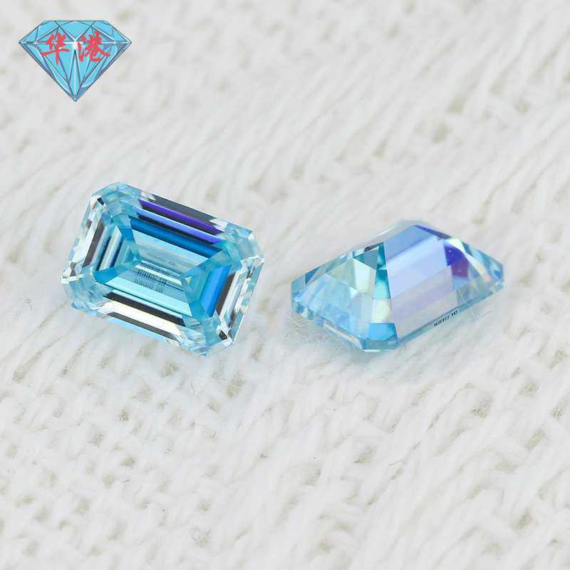 华港宝石 祖母绿切割海蓝色莫桑石裸钻 长方倒角车平人造戒面主石