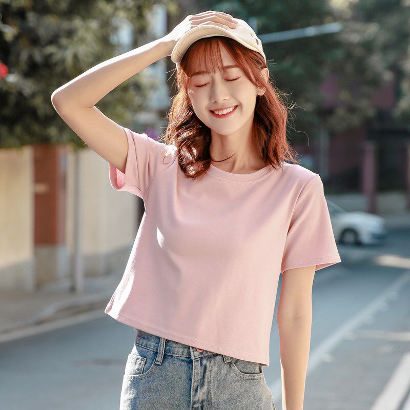 正肩短袖t恤女短款宽松纯棉小衫2025春夏新款高腰上衣修身小个子