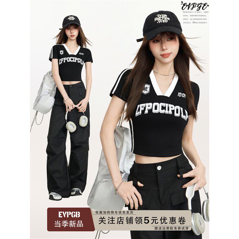 美式辣妹黑色正肩v领短袖t恤女夏夏季修身运动设计感小众短款上衣