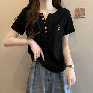 大码短袖t恤女2024夏装新款微胖mm显瘦遮肚减龄宽松别致正肩上衣
