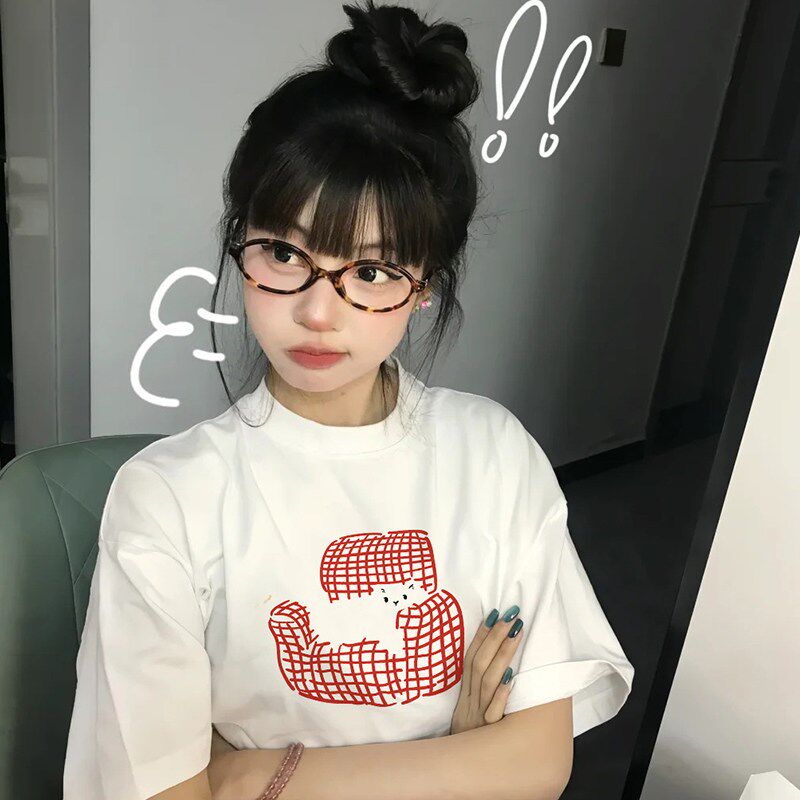 2025新款美式正肩短袖t恤女夏季白色纯棉重磅体恤宽松上衣设计感