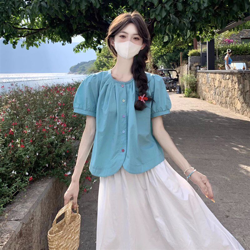 多巴胺棉麻短袖上衣女夏2025新款漂亮小个子穿搭短款T恤一整套装