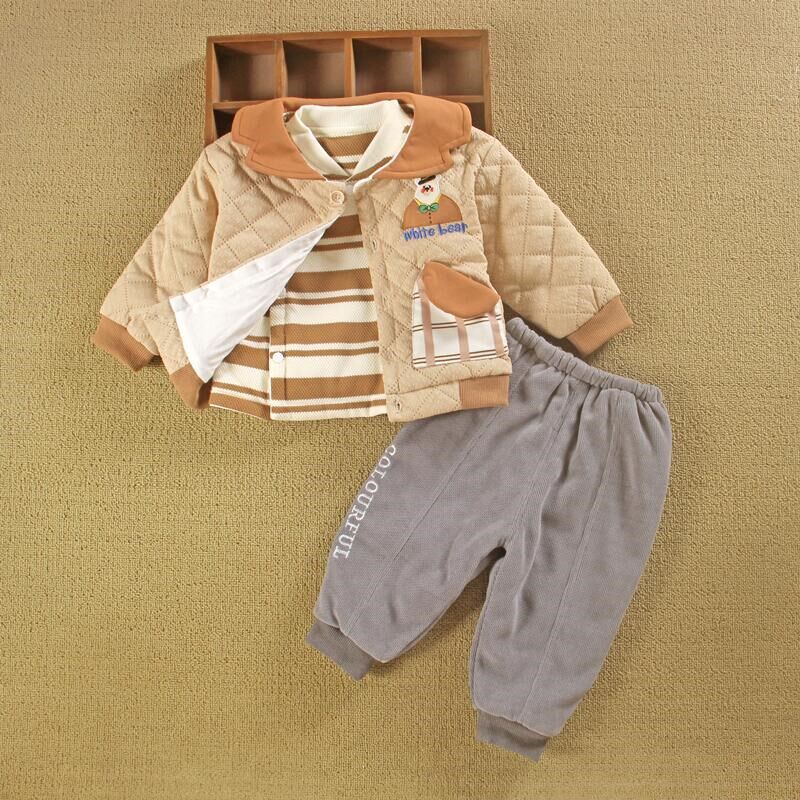 0一1岁男宝宝春秋装三件套新款洋气小婴儿衣服冬分体夹棉外套装季