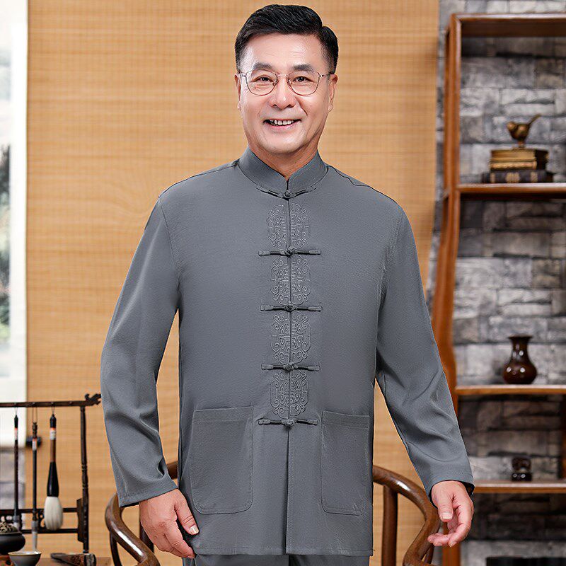 中老年春秋唐装男士长袖套装中国风薄款套装老人生日衣服爸爸汉服