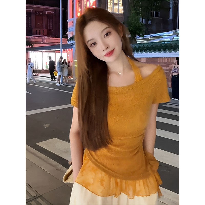 韩系别致橘色荷叶边蕾丝挂脖上衣女2025夏季新款修身显瘦短袖T恤