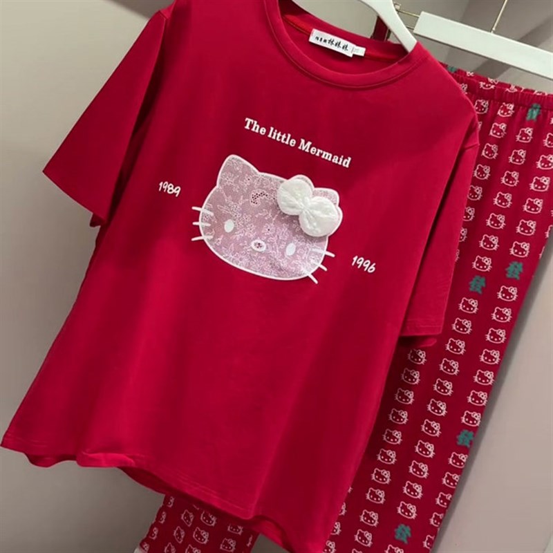本命年红色纯棉磨毛半袖睡衣女秋冬卡通猫两件套家居服两件套圆领