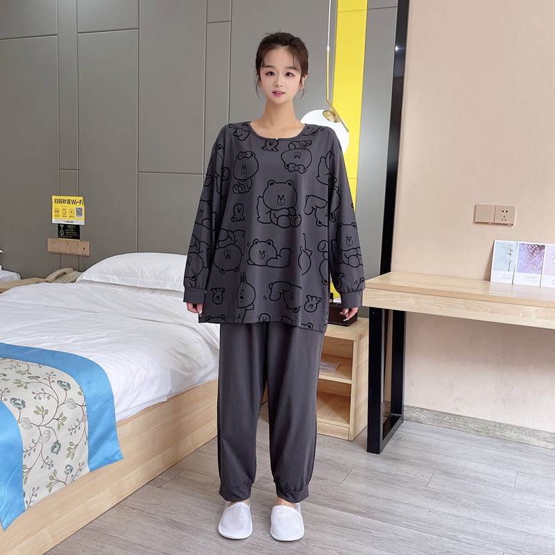 卡通熊兔加大码睡衣女纯棉春秋长袖长裤200斤胖mm休闲家居服套装