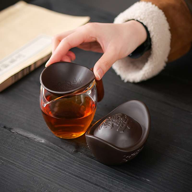 紫砂创意元宝茶漏组中式全瓷滤茶器茶道零配茶水分离装饰茶宠摆件