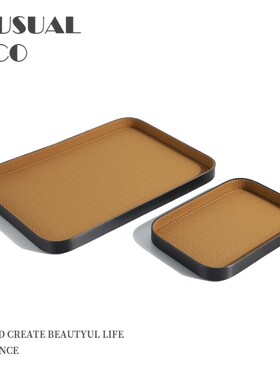 简约欧式轻奢h金属皮质长方形托盘摆件样板房售楼处软装饰品