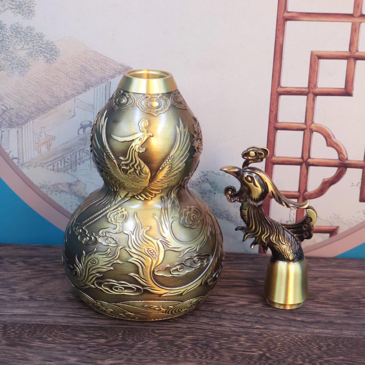 黄铜双凤戏珠葫芦摆饰龙凤呈祥铜葫芦浮雕招财进宝工艺品礼品摆件