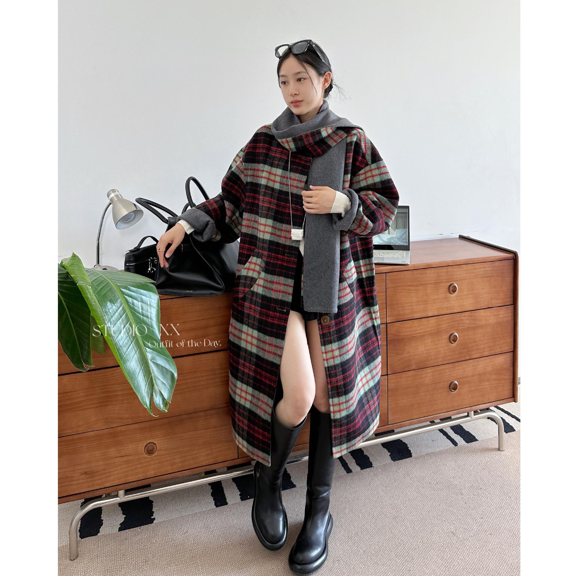 土星大衣！羊驼毛双面穿格纹大衣秋冬女可拆围巾羊毛呢外套高级感