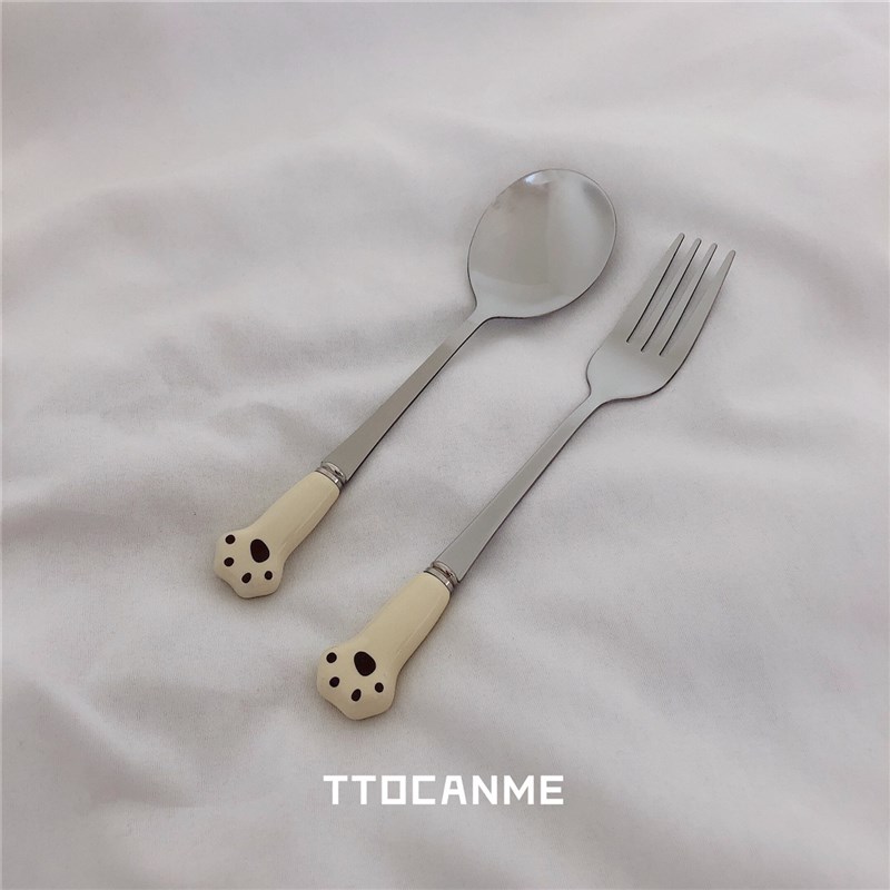 ins猫爪可爱不锈钢叉勺甜品餐具勺子水果叉子蛋糕卡通西瓜冰淇淋
