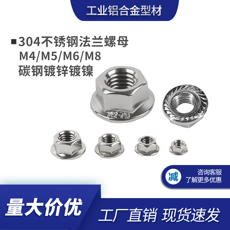 304不锈钢法兰螺母防滑螺母M4M5M6M8碳钢镀镍自锁螺丝外六角螺母