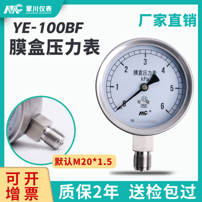 YE100BF全不锈钢膜盒压力表 100KPA耐高温高压水压汽压真空压力表