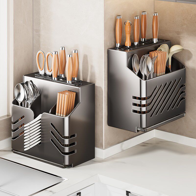 新款不锈钢菜刀架置物架多功能壁挂式菜刀勺子筷子筒一体收纳盒