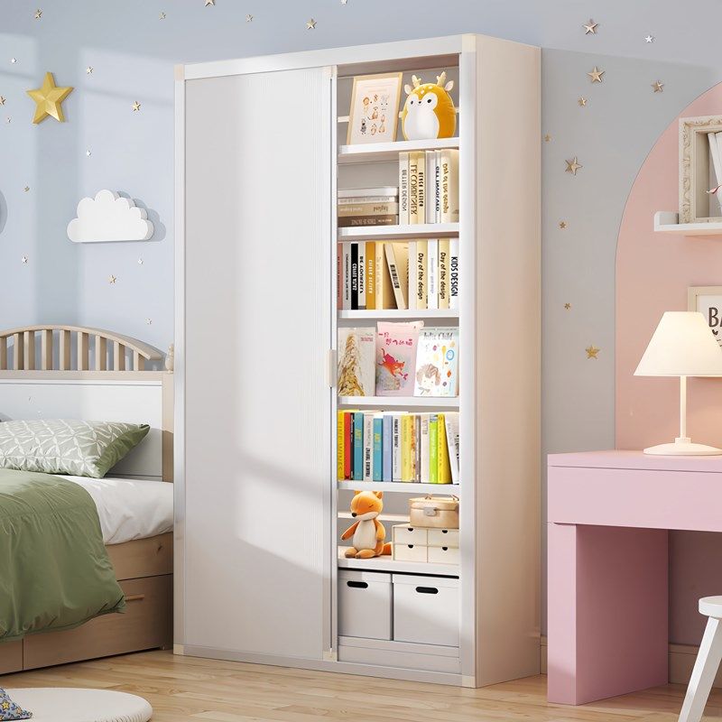 防尘推拉折叠门书架家用钢制图书馆书柜铁艺置物架靠墙一体收纳层