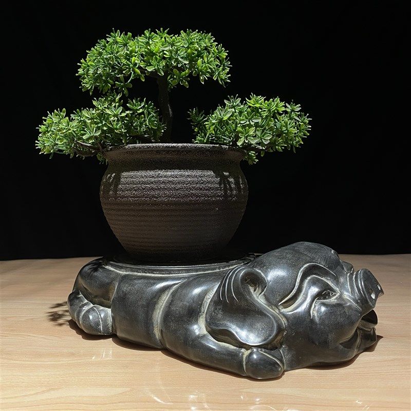 天然青石头雕刻花盆壶承底座生肖招财猪茶室客厅吧台石材复古特色