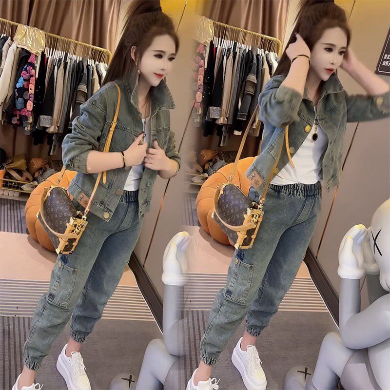 欧货2024春秋新款休闲长袖牛仔套装女时尚显瘦短外套工装裤两件潮