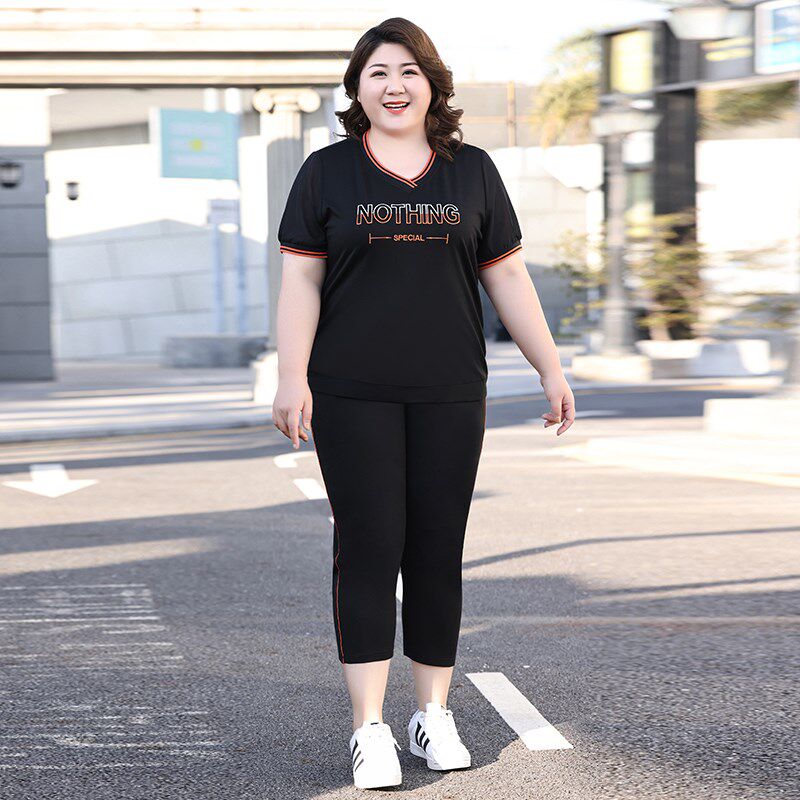 大码女装胖mm休闲运动套装夏季新款宽松显瘦胖妈妈短袖t恤两件套