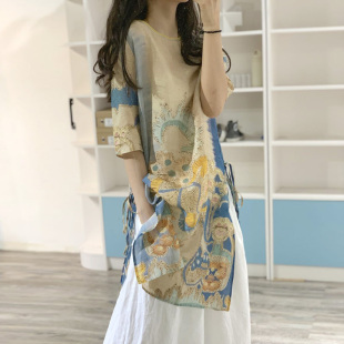 女 上衣 早秋文艺复古印花洋气休闲百搭侧抽绳开衩套头中长款 T恤衫