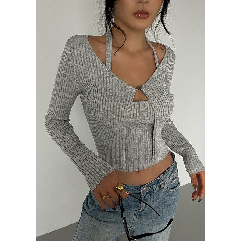 井也 辣妹毛针织衫两件套女秋新款长袖开衫外套+短款吊带背心套装