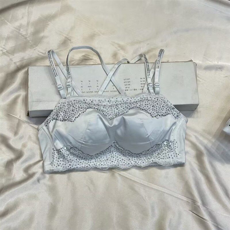 新品镶钻加e厚烫钻内衣聚拢调整型小胸胸罩亮钻抹胸文胸蕾丝交叉