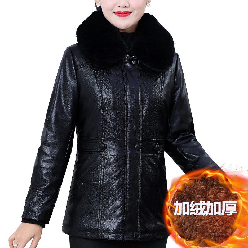 妈妈秋冬外套中老年女装加绒加厚皮衣中年妇女PU皮夹克婆婆皮棉袄