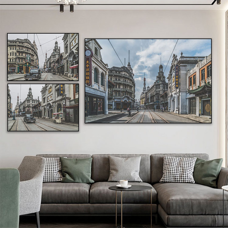 老上海装饰画包厢包间饭店酒楼挂画怀旧照片民国风街景建筑壁画