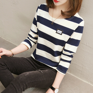 百搭小衫 2020年新款 条纹打底衫 T恤女士纯棉内搭早秋装 潮 长袖 春季
