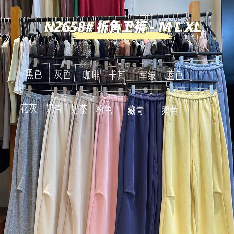 大7女2658春松紧高腰韩版宽松大码胖mm休闲直筒阔腿卫裤褶皱长裤