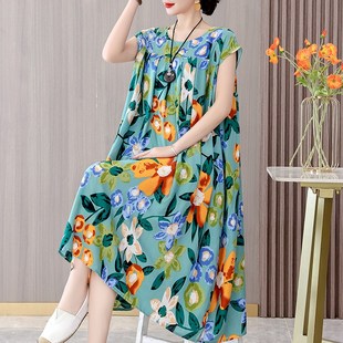 夏季 棉绸连衣裙外穿宽松大码 过膝人造棉裙子女 妈妈夏装 中老年女装