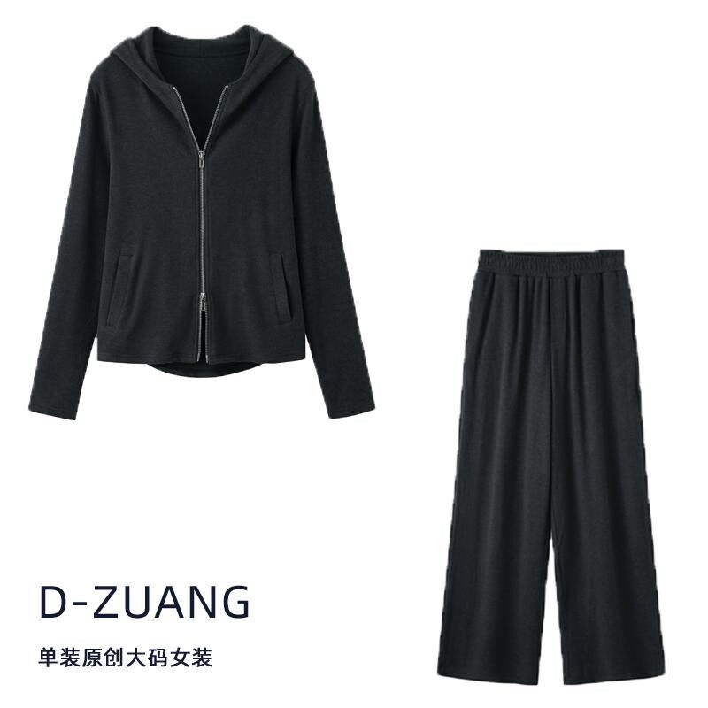 德绒连帽运动卫衣套装女大码胖mm宽松显瘦外套阔腿裤休闲两件套