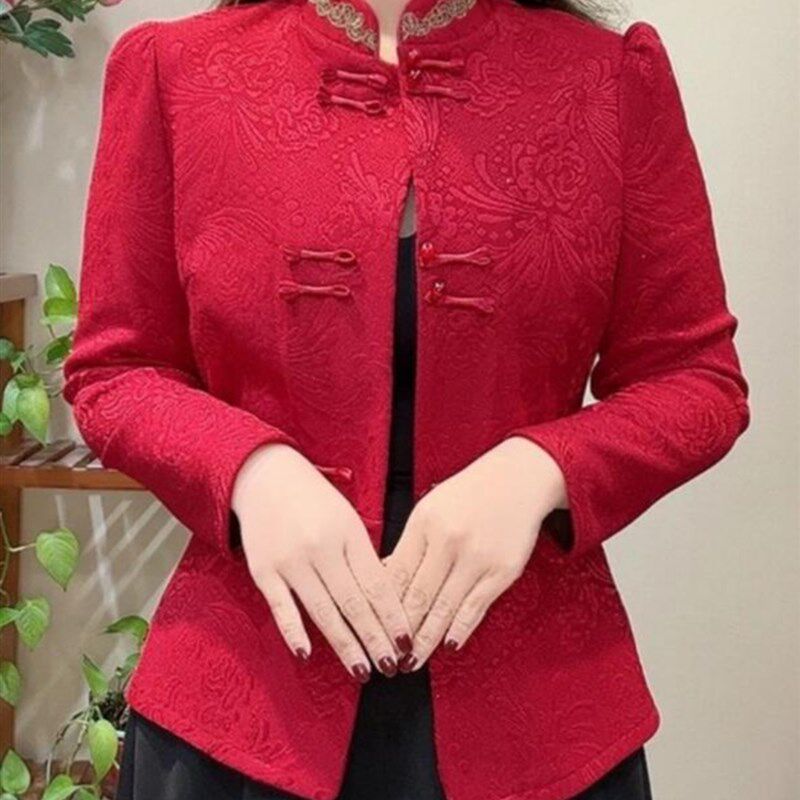 秋冬国风盘扣加绒加厚外套提花女长袖披肩民族风唐装旗袍上衣小衫