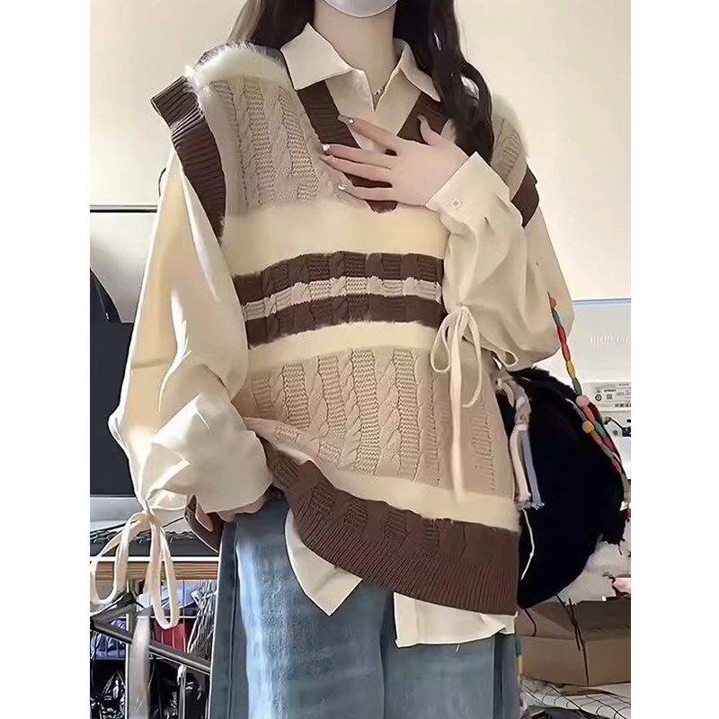 学院风美拉德针织马甲慵懒复古衬衫叠穿毛衣背心撞色v领两件套装