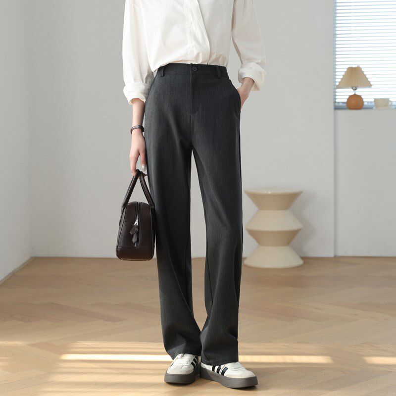 灰色直筒裤女2025春秋新款韩版高腰垂感窄版阔腿裤休闲西装长裤