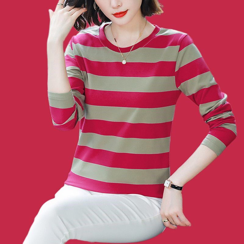 纯棉长袖t恤女2024新款早秋装宽松大码条纹打底衫中老年妈妈上衣