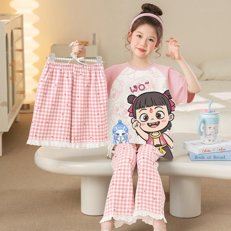 女童睡衣夏季儿童纯棉三件套短袖薄款女孩2025新款哪吒大童家居服