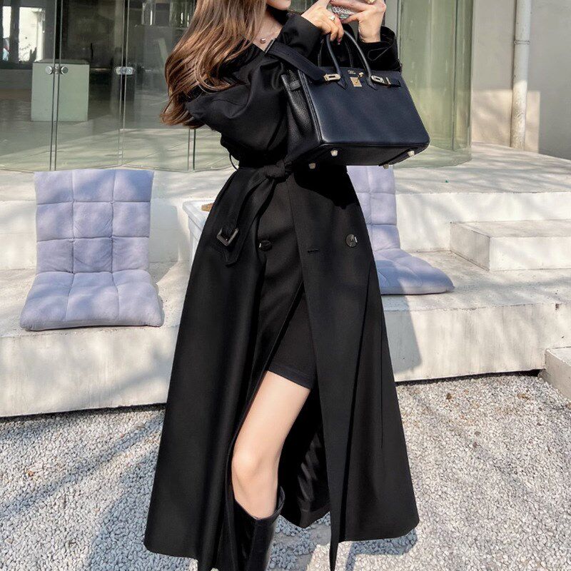 大码黑色风衣外套女2025春秋胖妹mm英伦风中长款韩系显瘦气质大衣