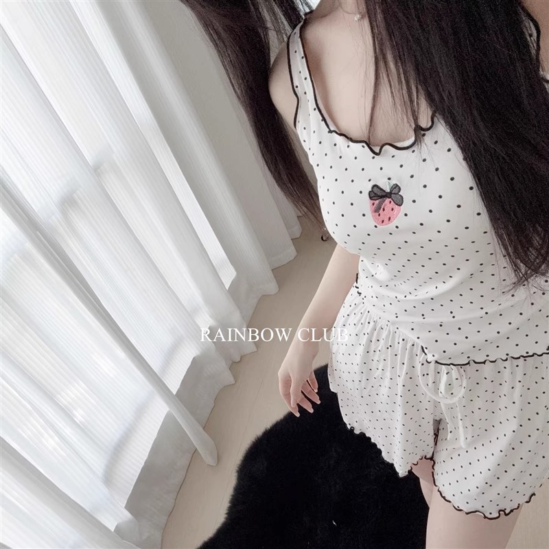 两色夏季含胸垫背心短裤休闲甜美草莓可爱波点家居服睡衣女士舒适