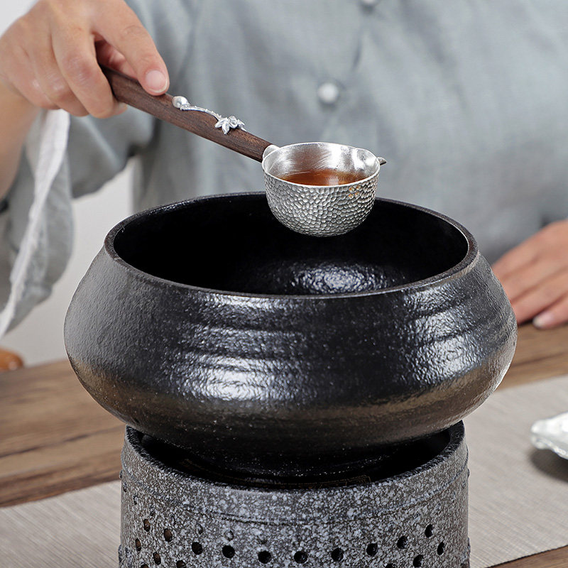 纯锡茶汤勺黑檀木长柄勺分茶勺茶具配件I日式茶道煮茶锤目纹舀茶