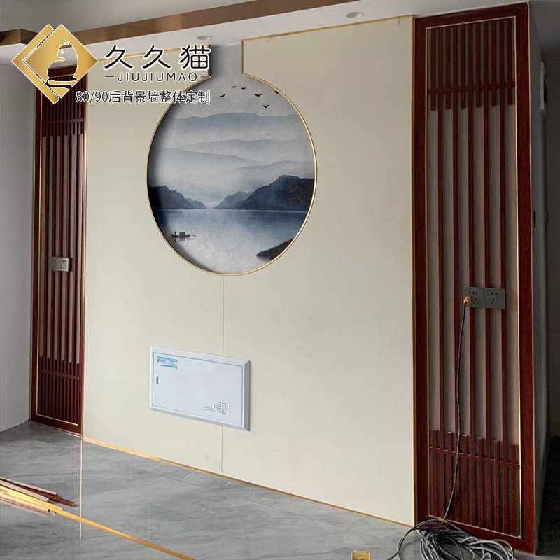 新中式别墅原木沙发背景墙实y木整装定制红胡桃木护墙板花格边框