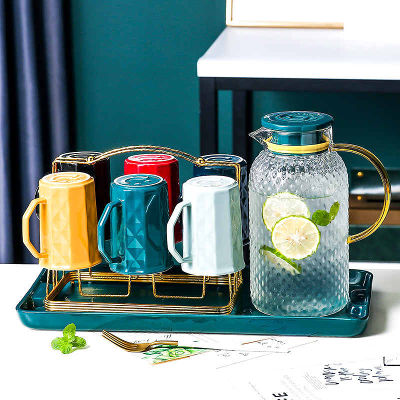 耐高温冷水壶带托盘套装一人一色家用客厅冷N水杯大容量玻璃凉水