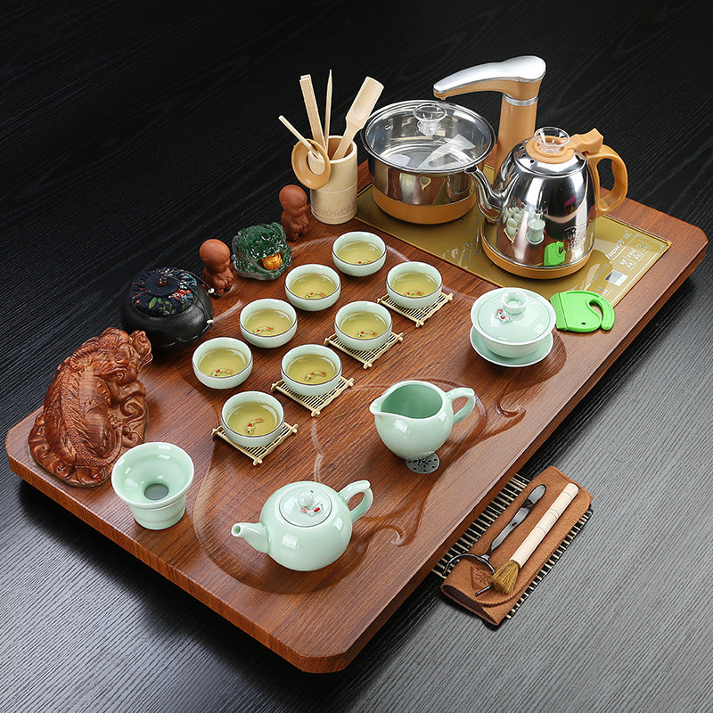 功夫茶具套装家用整套茶盘中式冰裂釉I陶瓷紫砂玻璃连体茶台送礼