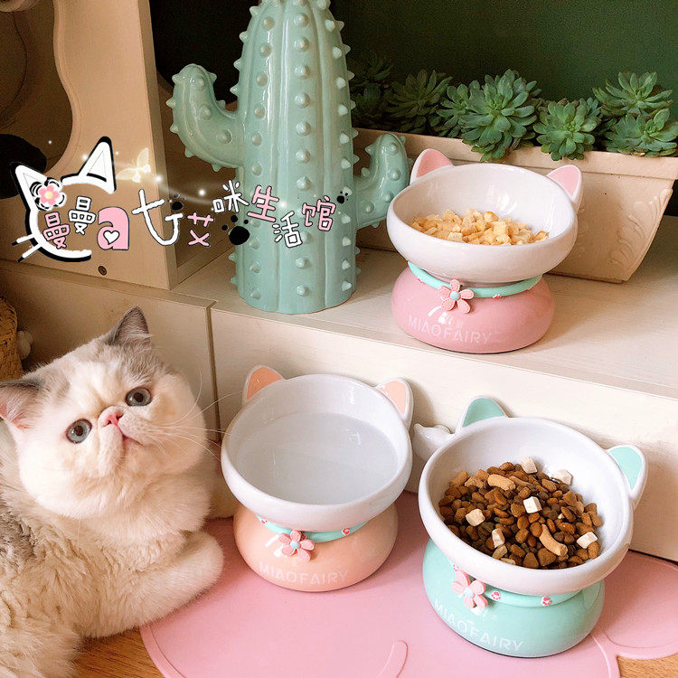 曼曼家喵仙猫咪耳朵猫头宠物陶瓷猫碗护颈防打翻食盆水碗高脚斜口