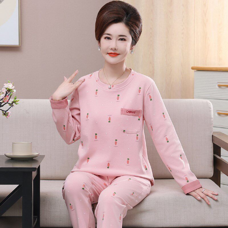 中年妈妈睡衣春秋季纯棉长袖薄款套头妇女家居服全棉宽松大码套装