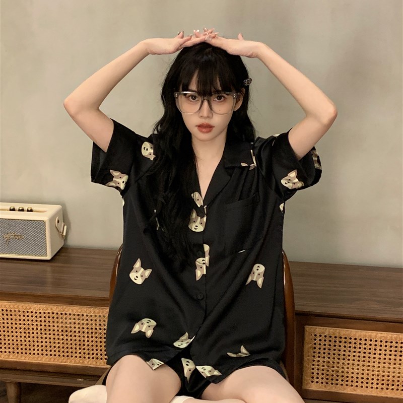 高级感黑色奶狗情侣睡衣男女夏季冰丝短袖短裤丝绸凉感家居服套装