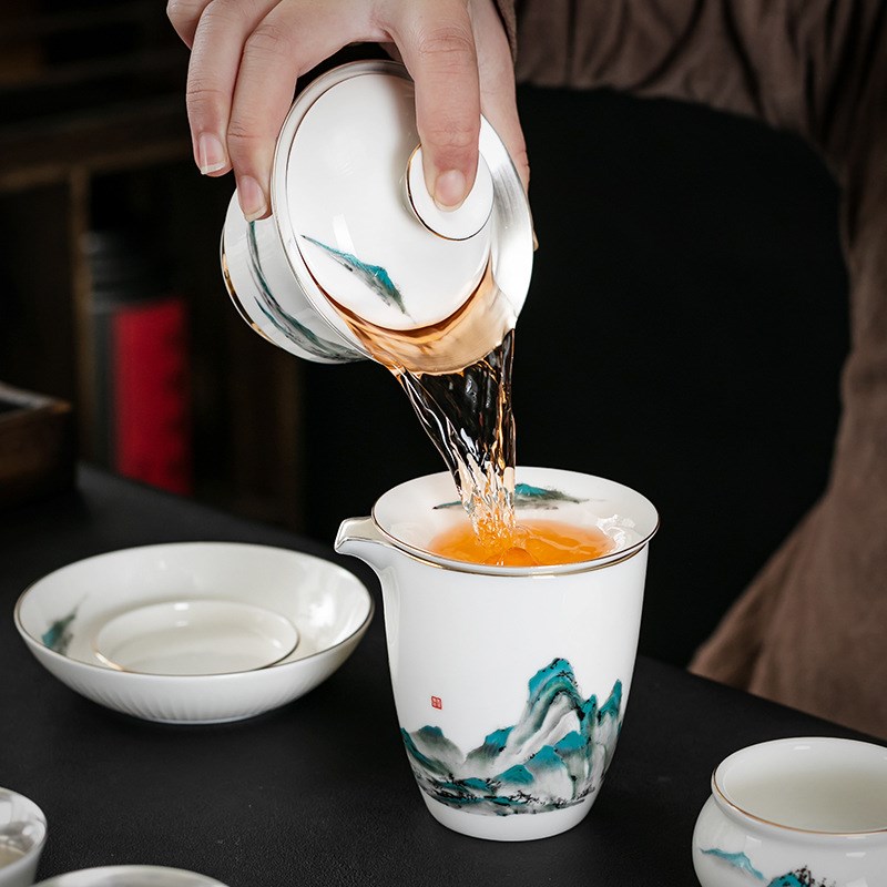鎏银茶具端鎏银茶具套装办公室用整套功夫茶N具羊脂玉白瓷茶壶茶