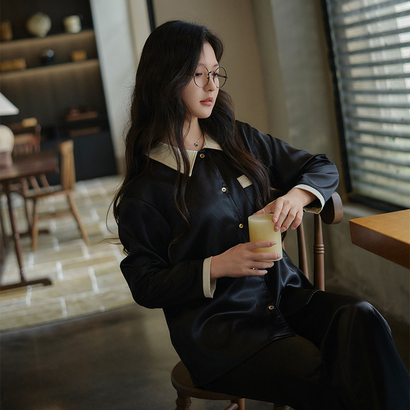 睡衣带胸垫一体女春秋季长袖长裤冰雪丝轻奢高级感纯色家居服套